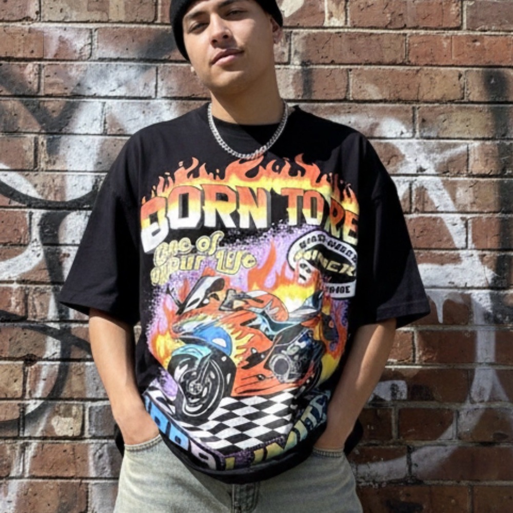 Cult Favorite Y2K Moto Graphic Tee - Born To Ride Racing T-Shirt Medium Black